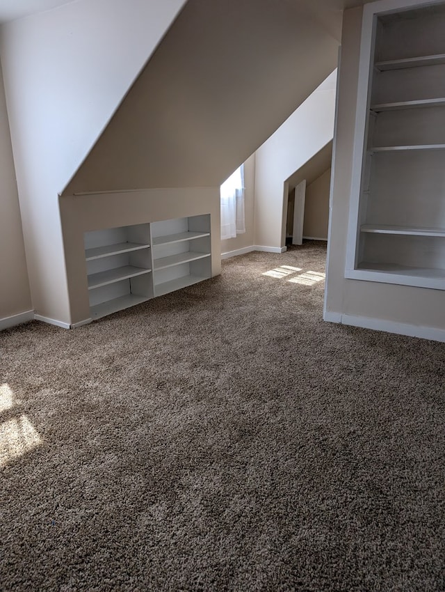 bonus room with baseboards, carpet, and built in shelves
