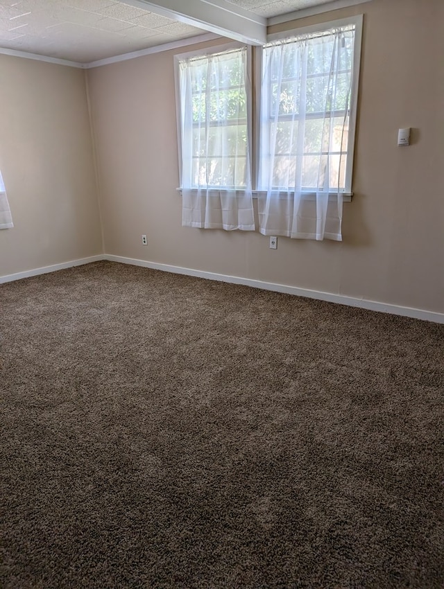 carpeted empty room featuring crown molding and baseboards