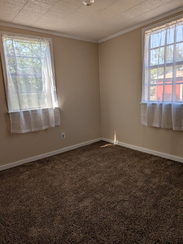 carpeted empty room featuring baseboards and ornamental molding