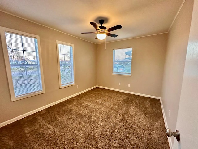 carpeted empty room with ceiling fan and ornamental molding