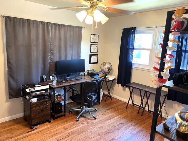 office area featuring ceiling fan and light wood-type flooring