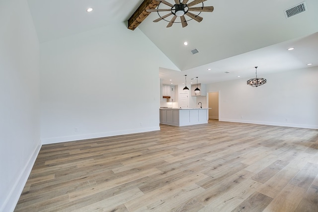 unfurnished living room with beamed ceiling, ceiling fan, high vaulted ceiling, and light hardwood / wood-style floors