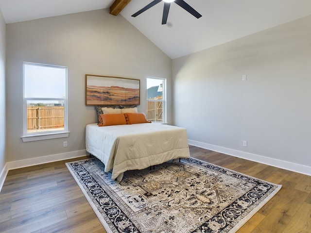 bedroom featuring beam ceiling, high vaulted ceiling, hardwood / wood-style floors, and ceiling fan