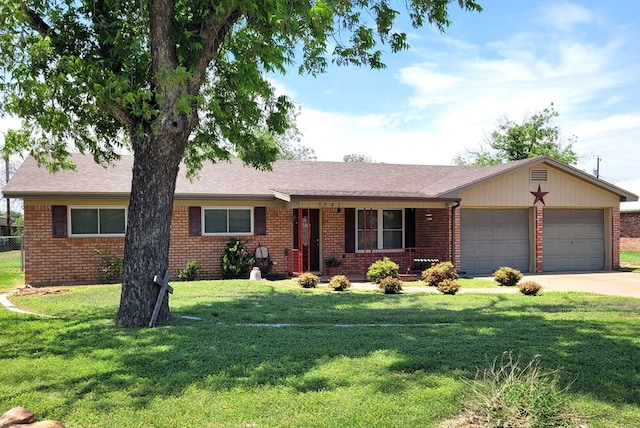 single story home with concrete driveway, brick siding, an attached garage, and a front lawn