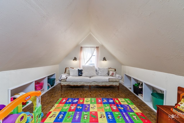 1325 S David St, San Angelo, TX 76901 - playroom featuring a textured ceiling and vaulted ceiling