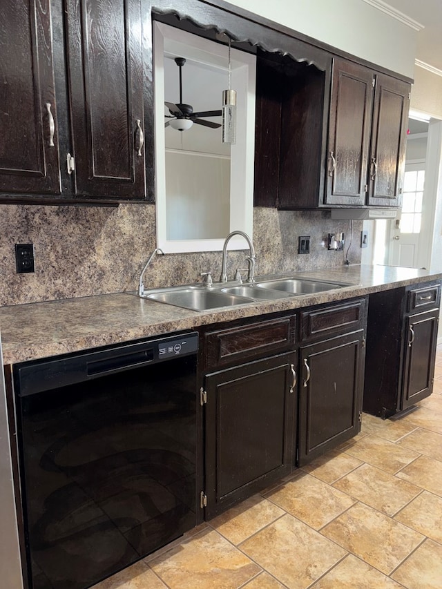 kitchen with sink, dishwasher, ceiling fan, backsplash, and dark brown cabinetry