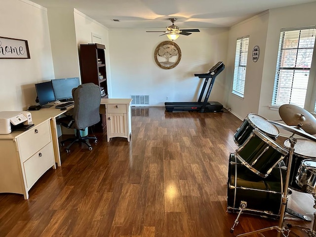 home office featuring ceiling fan and dark hardwood / wood-style flooring