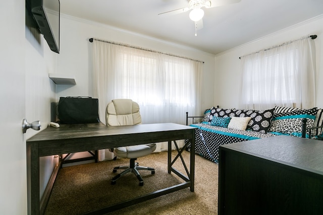 office area with crown molding, carpet, and ceiling fan