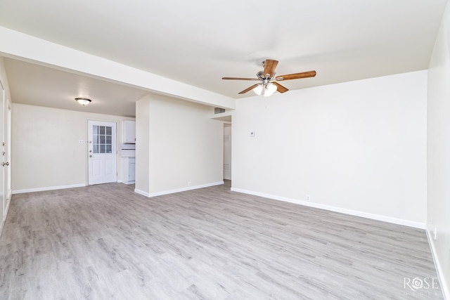 empty room with light hardwood / wood-style flooring and ceiling fan