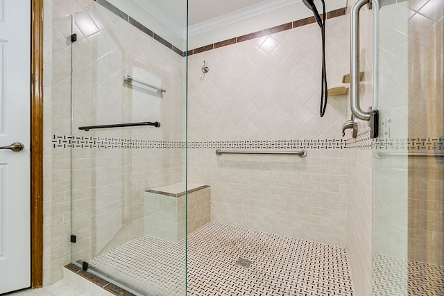 full bath featuring a stall shower and ornamental molding