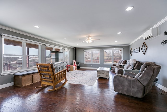 living room featuring dark wood-style floors, a wall mounted air conditioner, crown molding, and baseboards