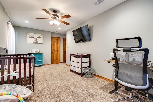 bedroom with recessed lighting, carpet flooring, baseboards, and visible vents