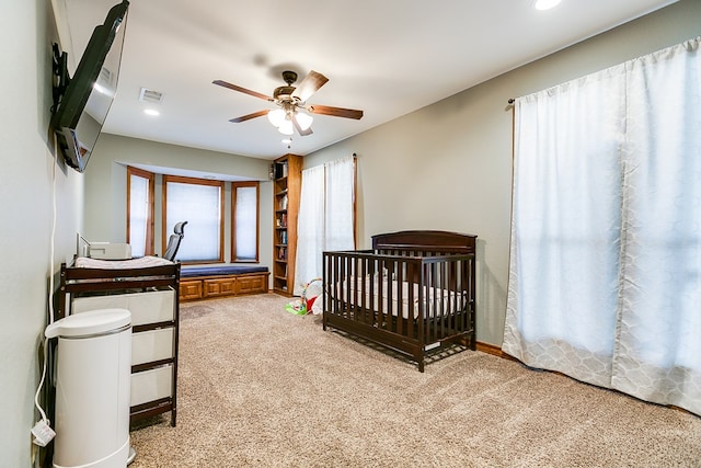 bedroom featuring visible vents, recessed lighting, ceiling fan, and carpet floors