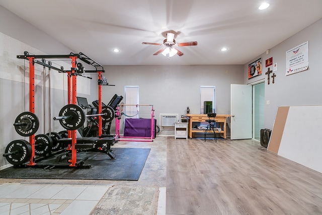 exercise room featuring visible vents, recessed lighting, ceiling fan, and wood finished floors