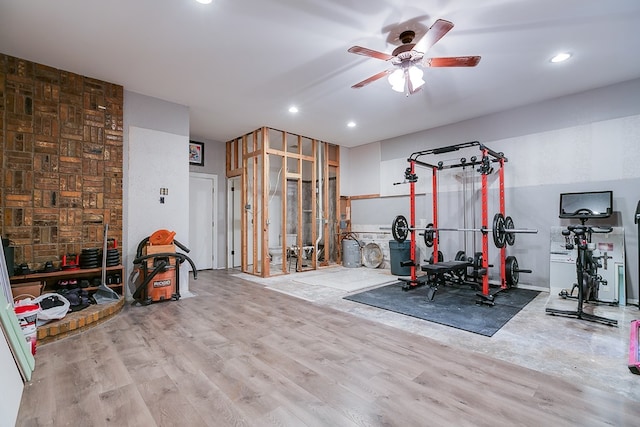 workout room featuring recessed lighting, wood finished floors, and ceiling fan