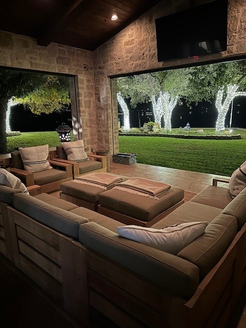 home theater room featuring high vaulted ceiling, golf simulator, beam ceiling, and wooden ceiling