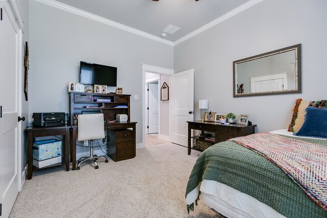 carpeted bedroom featuring crown molding