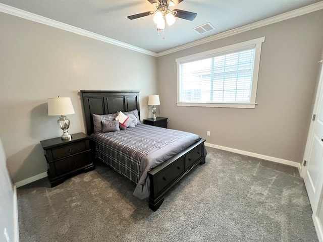 bedroom featuring ceiling fan, ornamental molding, and dark carpet