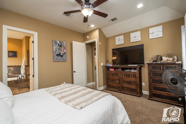 carpeted bedroom featuring lofted ceiling and ceiling fan