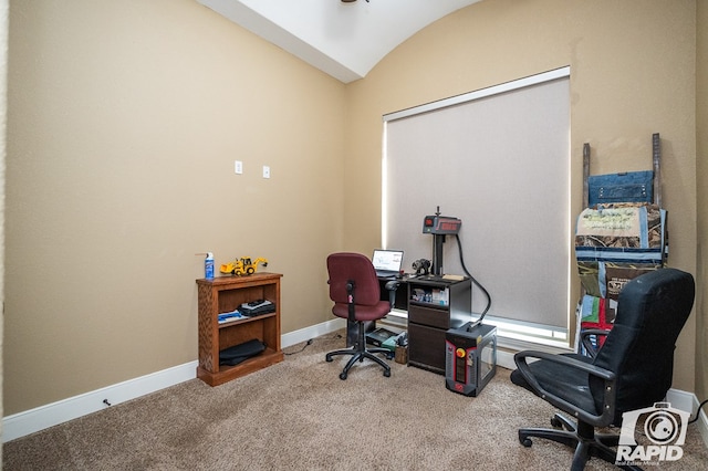 office space featuring lofted ceiling and carpet flooring