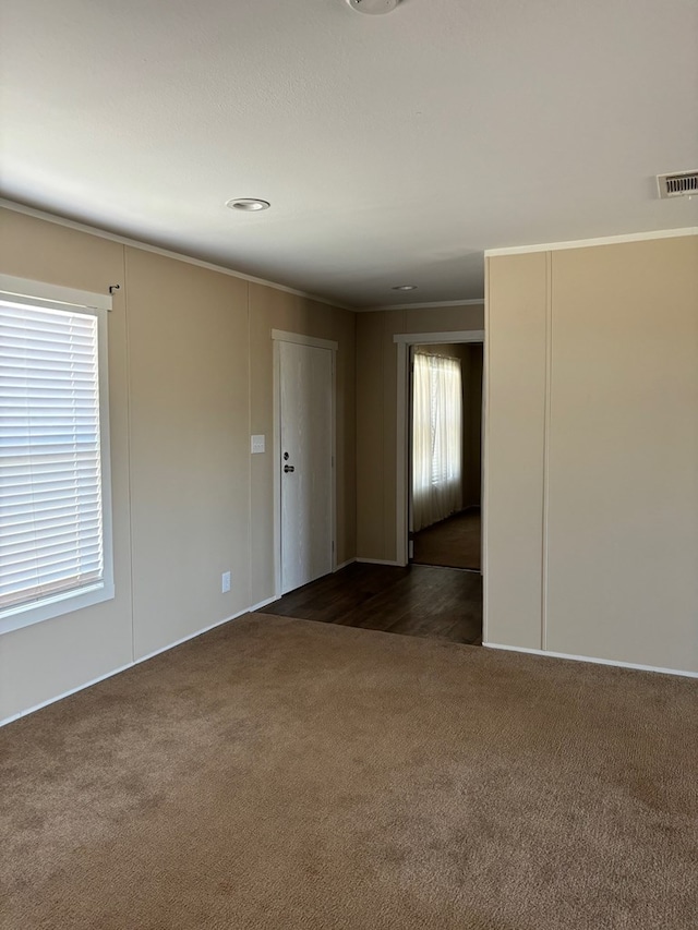 carpeted empty room with ornamental molding and a healthy amount of sunlight