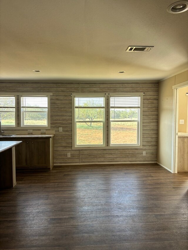 unfurnished living room featuring dark wood-type flooring, sink, and wood walls