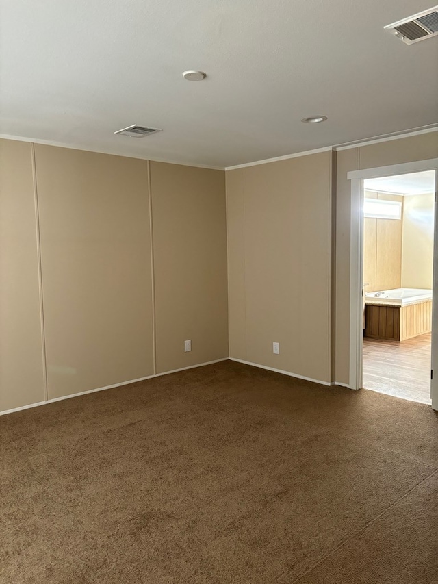 empty room featuring ornamental molding and carpet