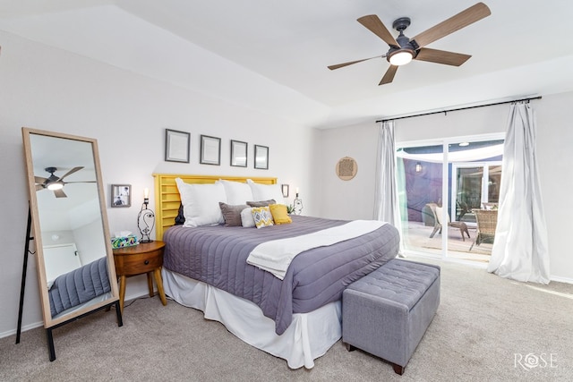 bedroom with carpet floors, access to outside, and ceiling fan