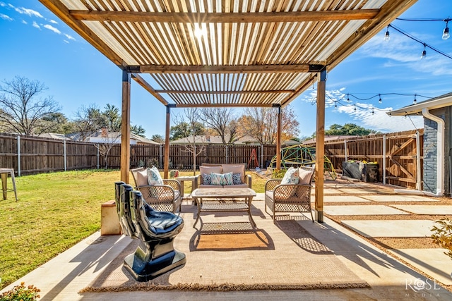 view of patio / terrace featuring an outdoor living space and a pergola