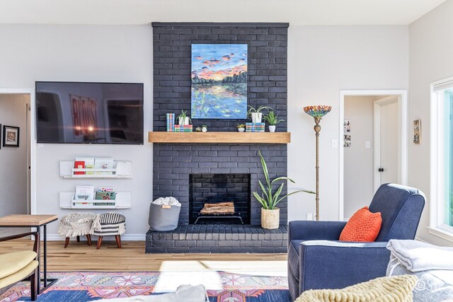 living room featuring wood-type flooring and a fireplace