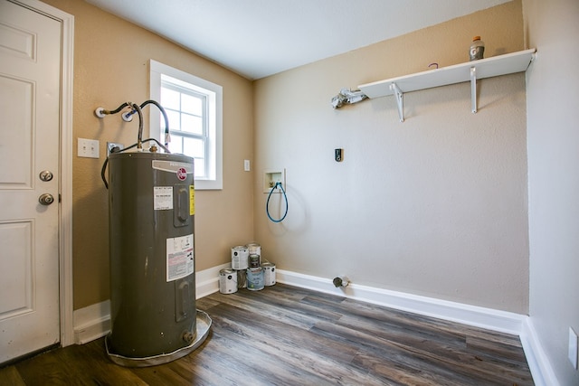 1619 Spaulding St, San Angelo, TX 76905 - laundry area with electric water heater, hookup for a washing machine, wood finished floors, and electric dryer hookup