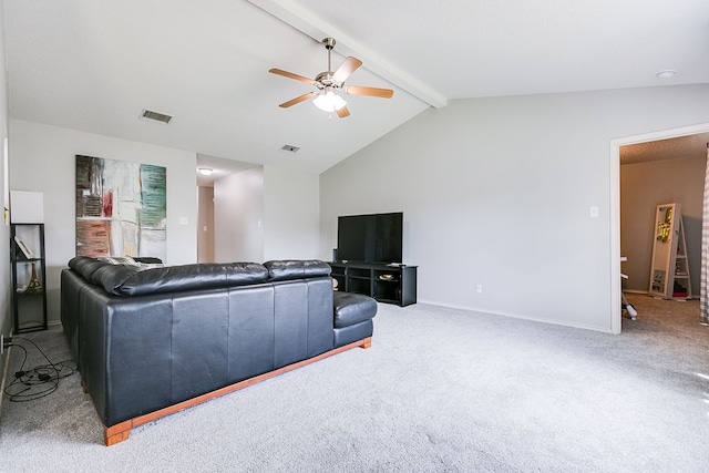 carpeted living room with baseboards, visible vents, lofted ceiling with beams, and a ceiling fan