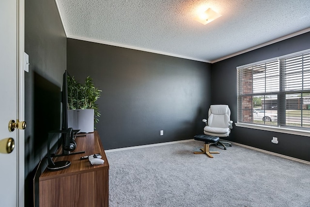 living area with a textured ceiling, baseboards, ornamental molding, and carpet floors