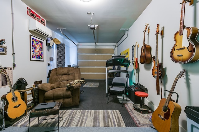 garage featuring a garage door opener and a wall mounted AC