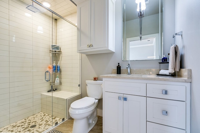 bathroom with a stall shower, toilet, and vanity