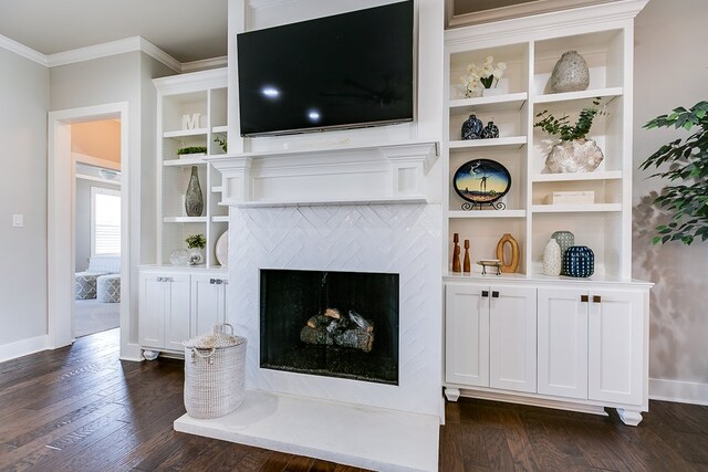 living area featuring dark wood-type flooring, crown molding, baseboards, and a premium fireplace