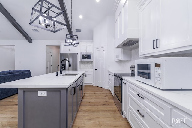 kitchen with beamed ceiling, stainless steel appliances, a kitchen island with sink, and white cabinets