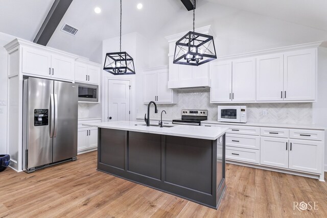 kitchen featuring white cabinetry, decorative light fixtures, beamed ceiling, stainless steel appliances, and backsplash