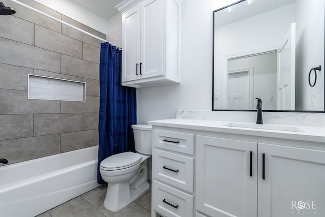 full bathroom with vanity, shower / tub combo with curtain, tile patterned floors, and toilet