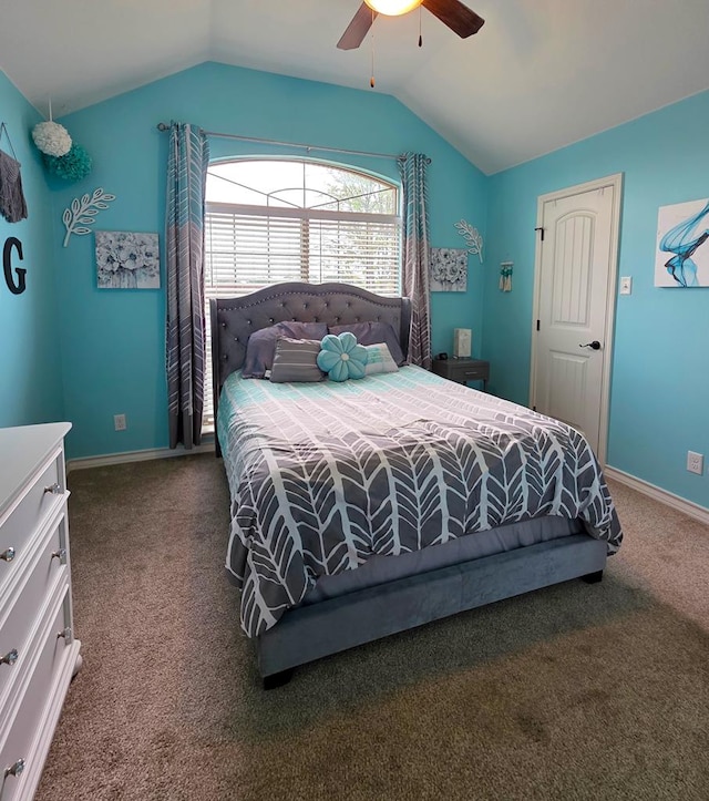 1901 Chesney Ln, San Angelo, TX 76904 - bedroom with carpet floors, vaulted ceiling, baseboards, and a ceiling fan
