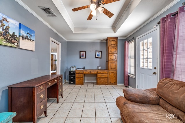 3405 Shadyhill Dr, San Angelo, TX 76904 - office space featuring a ceiling fan, a raised ceiling, light tile patterned flooring, ornamental molding, and baseboards
