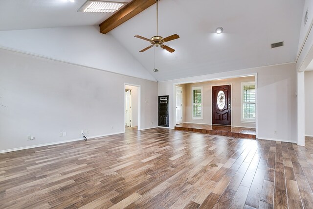 entrance foyer with beamed ceiling, ceiling fan, hardwood / wood-style floors, and high vaulted ceiling