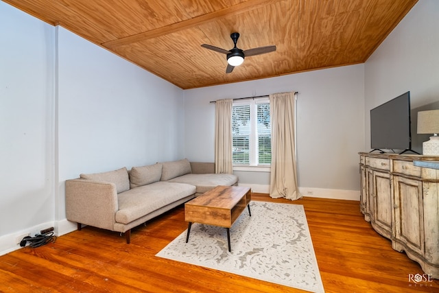 living room with ceiling fan, wood-type flooring, and wooden ceiling