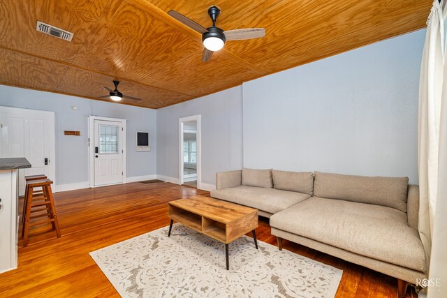 living room with wood ceiling, ceiling fan, and hardwood / wood-style flooring