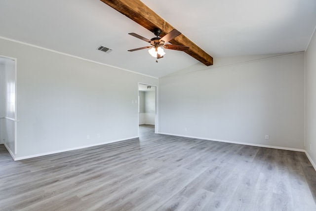 spare room with vaulted ceiling with beams, ceiling fan, and light wood-type flooring