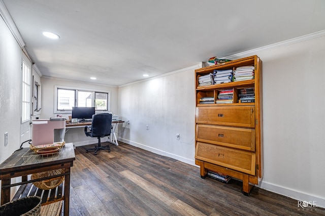 home office featuring dark wood-type flooring and ornamental molding