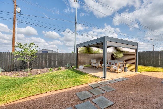 exterior space featuring a gazebo, an outdoor living space, a fenced backyard, and a patio area