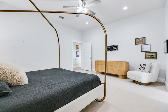 bedroom featuring recessed lighting, ceiling fan, light colored carpet, and visible vents