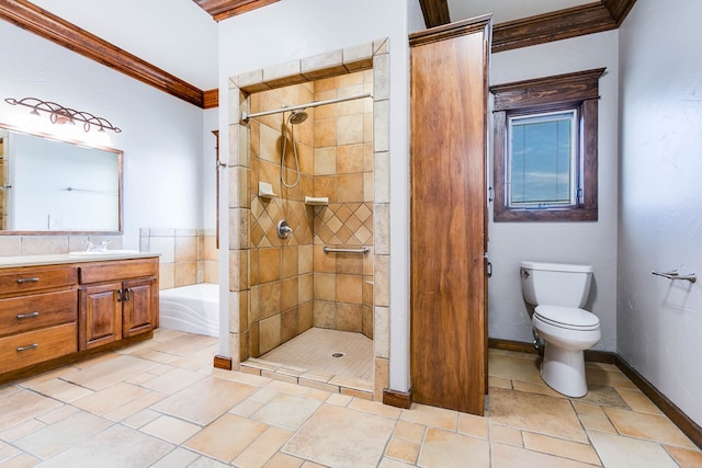 full bathroom with independent shower and bath, ornamental molding, vanity, and toilet