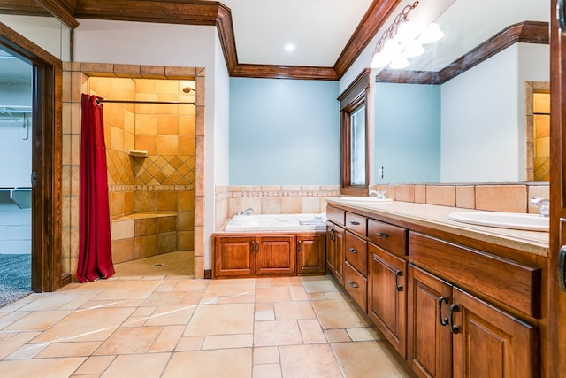 bathroom with plus walk in shower, ornamental molding, tile walls, and vanity